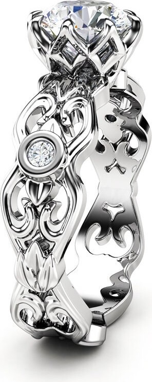 Moissanite Engagement Ring 14K White Gold Art Nouveau Diamond Ring