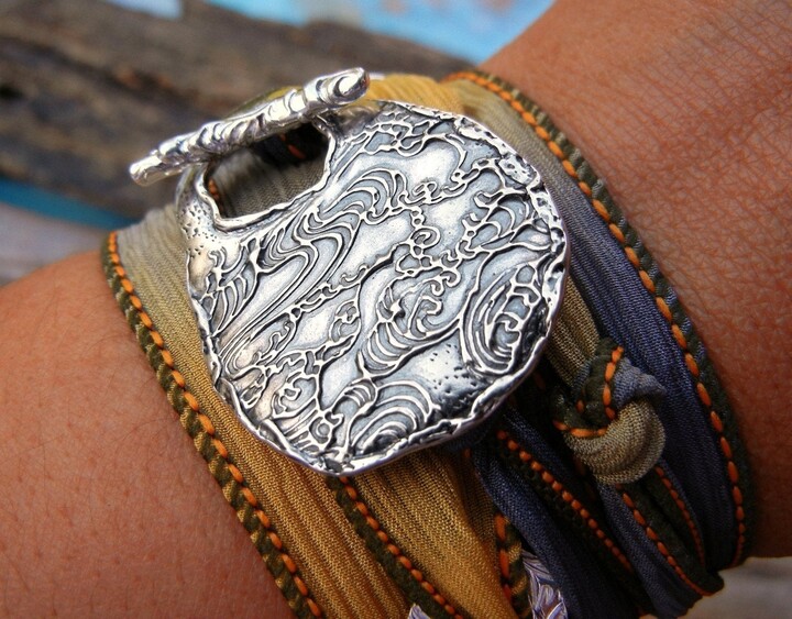 Etsy Ocean Waves Bracelet Hand Dyed Silk Ribbon Wrap Sterling Silver Toggle Clasp Any Color Nautical Art Jewelry Ready To Ship