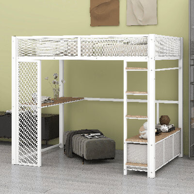 Full Size Gaming Loft Bed With Desk, LED And Staircase, Metal Loft Bed Frame With Open Wardrobe And 3 Linen Storage Drawers