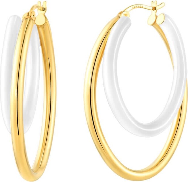 Gold & Honey White / Gold Double Oval Enamel Hoop Earrings In White