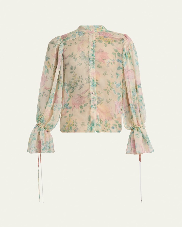 Chloé Floral Silk Balloon-Sleeve Button-Down Top