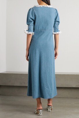Rixo Juliette Broderie Anglaise-trimmed Denim Midi Dress - Blue