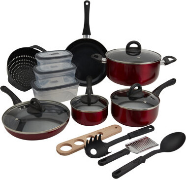 Basic Essentials 20-Piece Nonstick Aluminum Cookware Set with Strainer, Pasta Utensils, and Storage Containers, Red