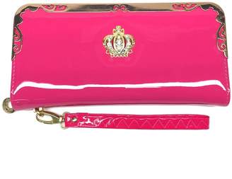 [KIREI obsession] Women's, Long Wallet with Smartphone Pocket, Crown Charm, Patent Leather (PU) Round Zip, Strap, Purse, Clutch, Wristlet [IN GIFT BOX] [Deep Pink]