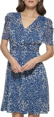 DKNY Puff Sleeve Printed V-Neck Dress (Deep Ocean) Women's Clothing