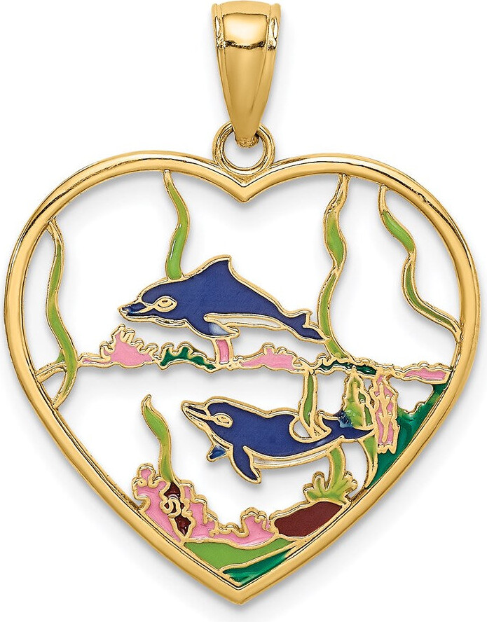 Diamond2Deal 14k Yellow Gold Enamel Dolphins In Heart Charm