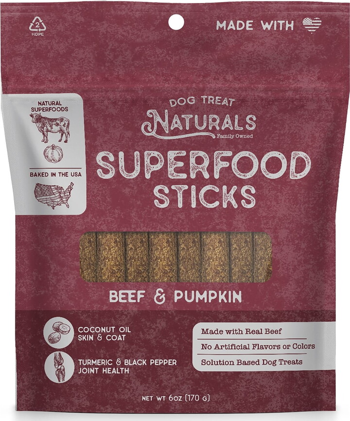 Dog Treat Naturals: Superfood Sticks - Beef & Pumpkin - 6oz Bag, Dog Chew Treats, All-Natural, Pet Training Snacks, Joint-Skin-Coat Health, USA Made