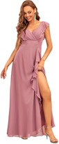Thumbnail for your product : Ever Pretty Ever-Pretty Women's V Neck Ruffles Sleeveless Floor Length A-Line Empire Waist Elegant Chiffon Prom Dresses with Side Slit Pink 12UK