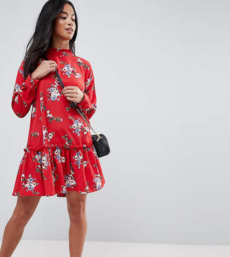 ASOS Petite DESIGN Petite smock mini dress with pep hem in red floral