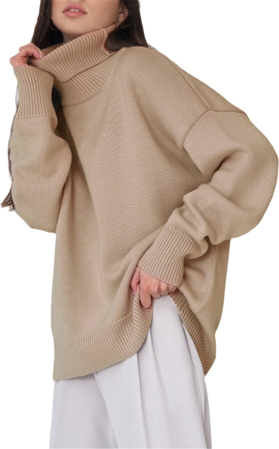 Sweejim Women Turtleneck Sweater Autumn Winter Thick Warm Pullover  Oversized Casual Loose Knitted Top Khaki - ShopStyle