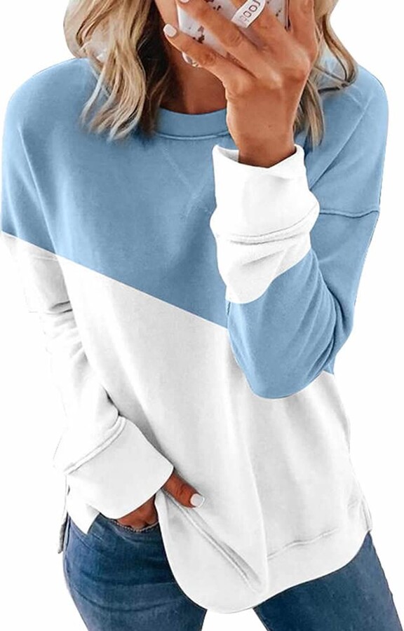 Womens Crewneck Pullovers Color Block Long Sleeve Side Split Tunic Tops 