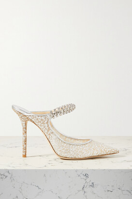 Jimmy Choo Bing 100 Crystal-embellished Leather-trimmed Glittered Tulle Mules - Silver