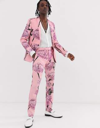 Twisted Tailor skinny linen suit jacket with floral print-Pink