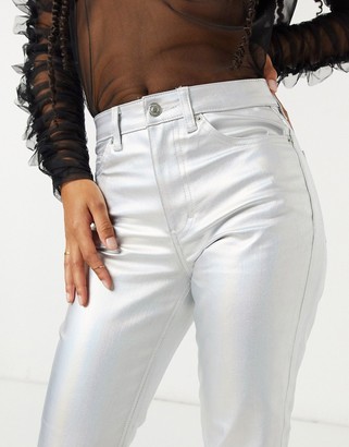 Topshop straight leg jeans in irridescent silver