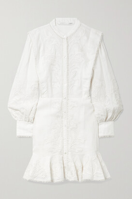 Veronica Beard Analeah Ruffled Embroidered Ramie Mini Dress - White