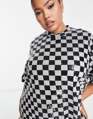 Vero Moda Curve checkerboard sequin mini dress in mono - ShopStyle