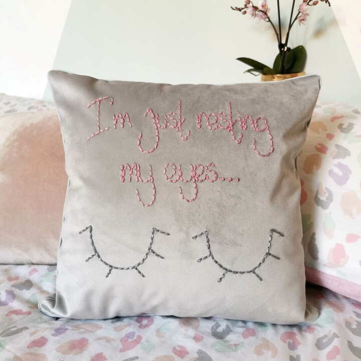 Etsy I'm Just Resting My Eyes Embroidered Velvet Cushion