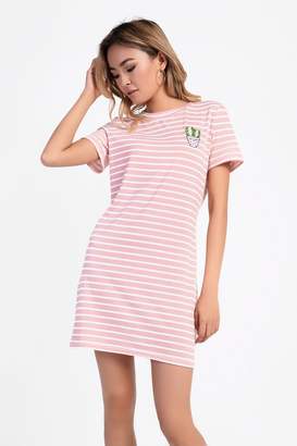 Glamorous **Cactus Embroidery Striped T-Shirt Dress