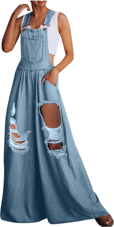 Lianmengmvp Vintage Women Denim Jumpsuits Summer Sleeveless Solid Dungaree  Wide Leg Trousers Oversize Loose Pantalones Women Casual Tank Top Elastic  Waist Loose Jumpsuit Rompers with Pockets - ShopStyle