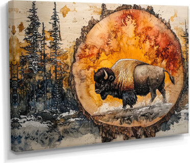 Union Rustic American Bison In Wood Slide Forest Landscape I - Bison Wall Art Decor