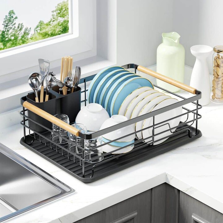 Wudkey Black Dish Drying Rack for Kitchen Counter, Small Metal Dish Drainer with Removable Cutlery Holder and Drainboard