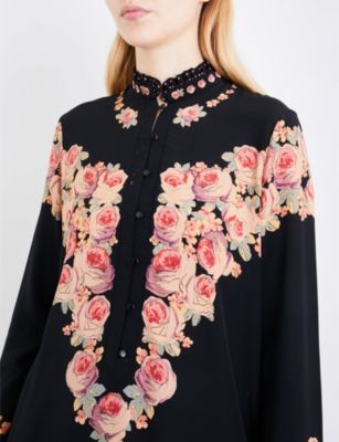Vilshenko Ladies Black Floral Button fastening Kalisa Floral-Print Silk-Crepe Shirt
