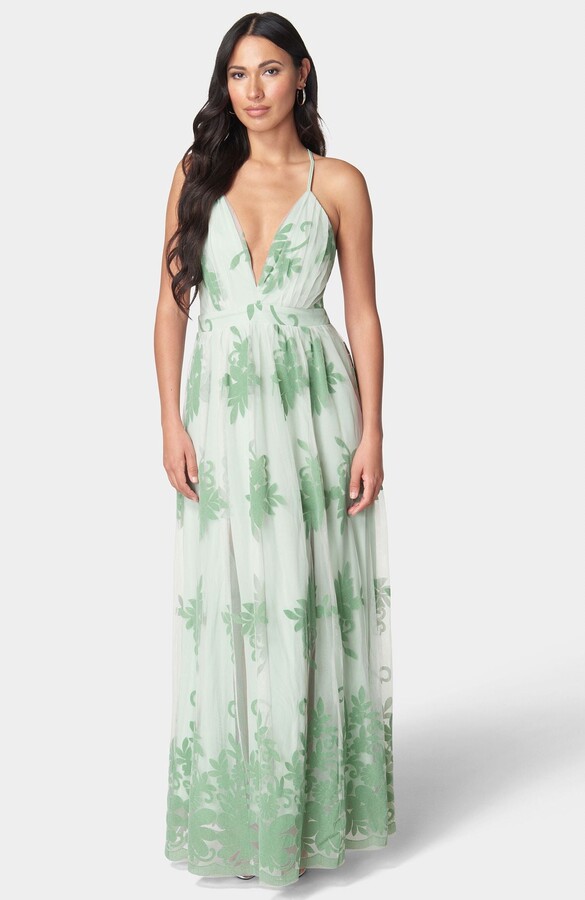 Bebe Women's Plunge Neck Embroidered Maxi Dress
