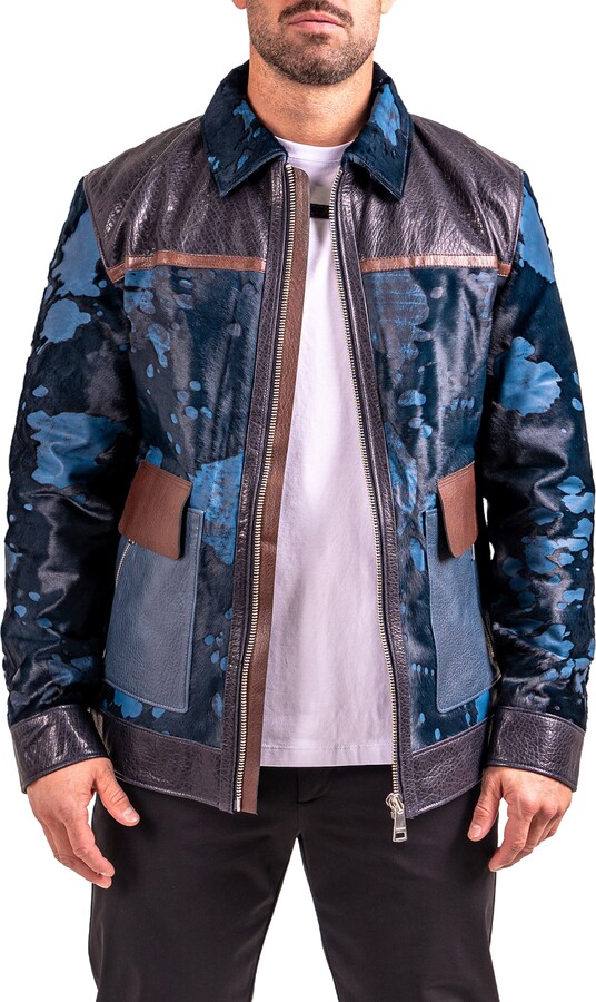Maceoo Resistance1018 Colorblock Genuine Calf Hair & Leather Jacket