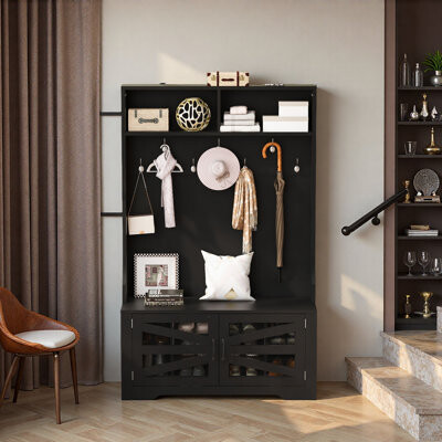 Entryway Bench With Coat Rack, 3-In-1 Design And Adjustable Shelves, Hall Tree With 7 Hooks For Entrance, Living Room