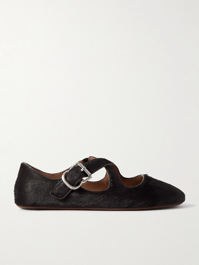 Alaia Criss Cross Leather-trimmed Calf Hair Ballet Flats - Brown
