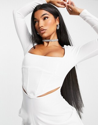 ASOS DESIGN square neck corset long sleeve side ruched mini dress in ivory  - ShopStyle