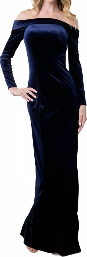 Berlin Velvet Off Shoulder Long Sleeve Evening Dress In Navy