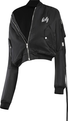 Ann Demeulemeester Lea Dropped Shoulder Cropped Bomber With Holy Embroidery