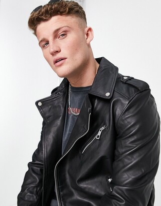 ASOS DESIGN real leather biker jacket in black - ShopStyle