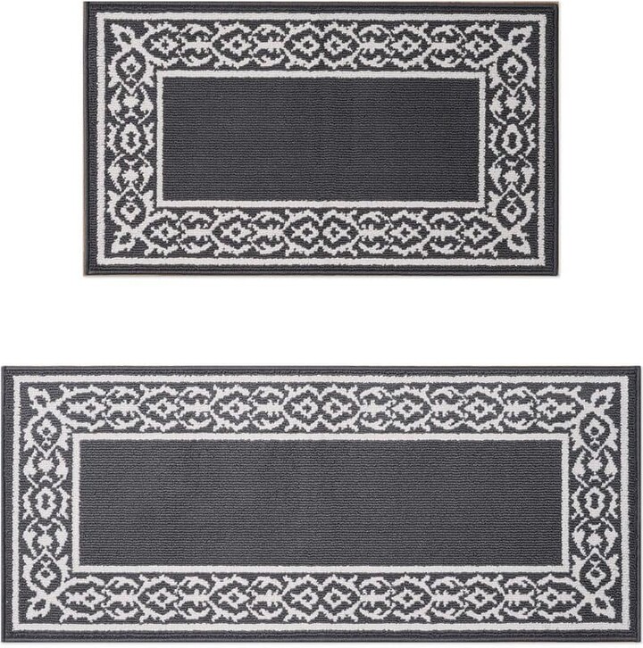 Laura Ashley Lorreta 2-Tone Dark Gray/Ivory 2 ft. x 5 ft Border 2-Piece Area Rug Set