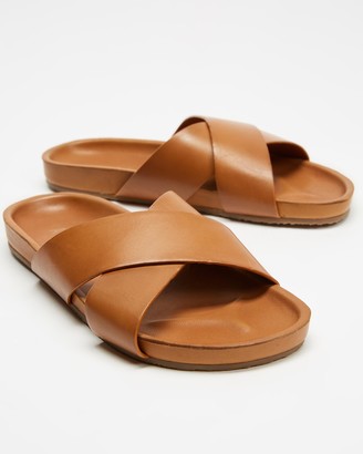 AERE Men's Brown Open Toe Heels - Brunswick Leather Slides