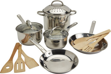 Basic Essentials 14-Piece Induction-Ready Stainless Steel Cookware Set with Pasta Pot, Strainer, and Bamboo Tools