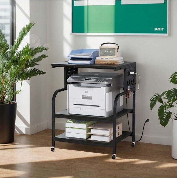 Karl Home KarlHome3-TierPrinterStandwithWheelsandPlugBoardP2ParticleboardBlackEmboss23.6x18.9x31.5Inches