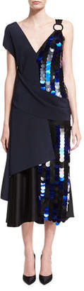 Diane von Furstenberg Asymmetric Draped Silk Midi Cocktail Dress w/ Paillettes