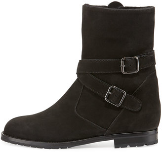 Manolo Blahnik Campocross Belted Mid-Calf Boot with Shearling, Black
