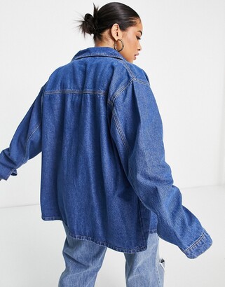 I Saw It First Curve I Saw It First Plus oversized pocket detail denim shirt in mid wash blue