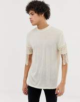 Thumbnail for your product : ASOS Design DESIGN festival relaxed t-shirt with macrame sleeve in ecru-Beige