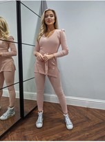 Thumbnail for your product : Little Mistress Dusty Pink Ribbed Puff Shoulder Tunic Loungewear Co-ord