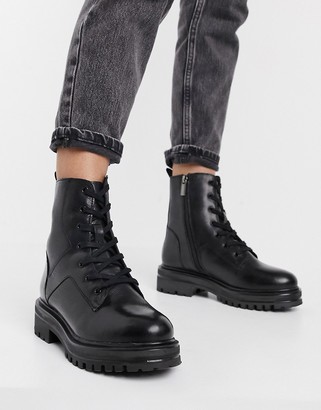 Rule London wide fit leather chunky lace up boots in black - ShopStyle