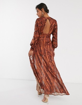 ASOS DESIGN snake print maxi dress in self stripe and blouson sleeve