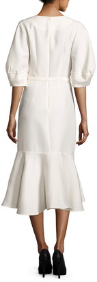 Co Belted Half-Sleeve Flounce-Hem Dress, Ivory