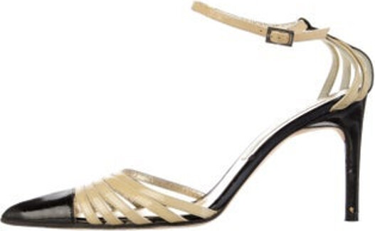 Christian Lacroix Patent Leather D'Orsay Pumps Black Colorblock Pattern Pointed-Toes Wrap-Around Straps & Buckle Closure at Ankles | Christian Lacroix Patent Leather Colorblock Pattern D'Orsay Pumps in Black, Women's IT 37 | 7