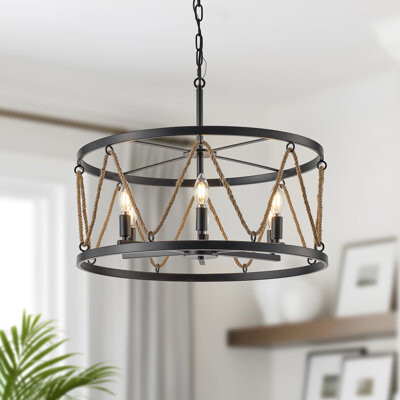 Mercer41 6-Light Dimmable Farmhouse Drum Chandelier With Hemp Rope Shade