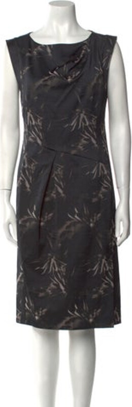 Rene Lezard Shift Dress Black Printed Sleeveless with Bateau Neckline Concealed Zip Closure at Back