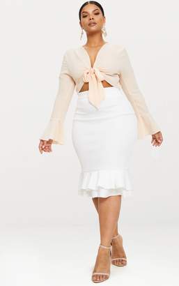 PrettyLittleThing Plus Nude Tie Front Frill Sleeve Blouse